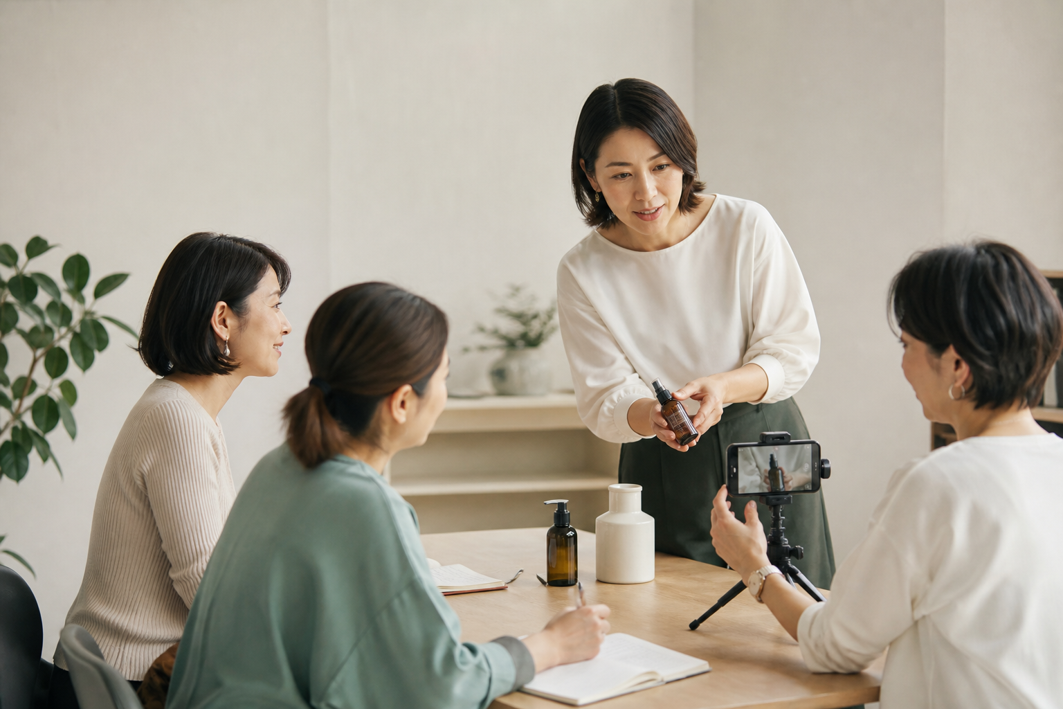 スマートフォンで商品動画を学ぶ少人数の実践会